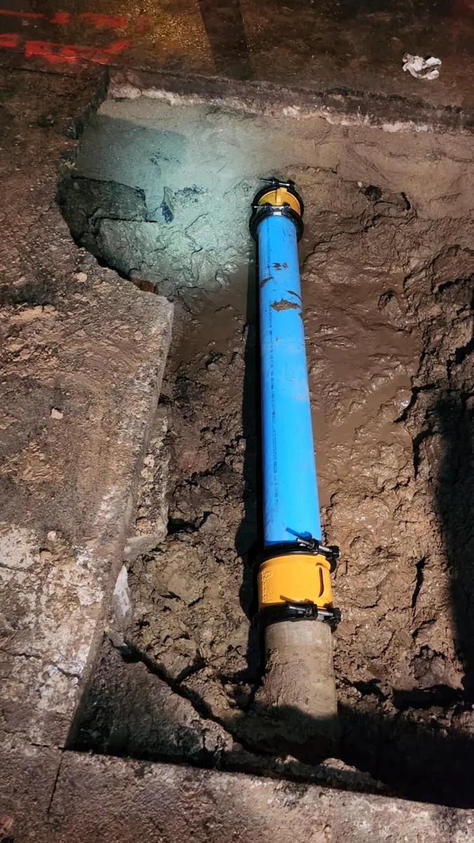 Emergency C900 water line spot repair and transition couplings in excavation